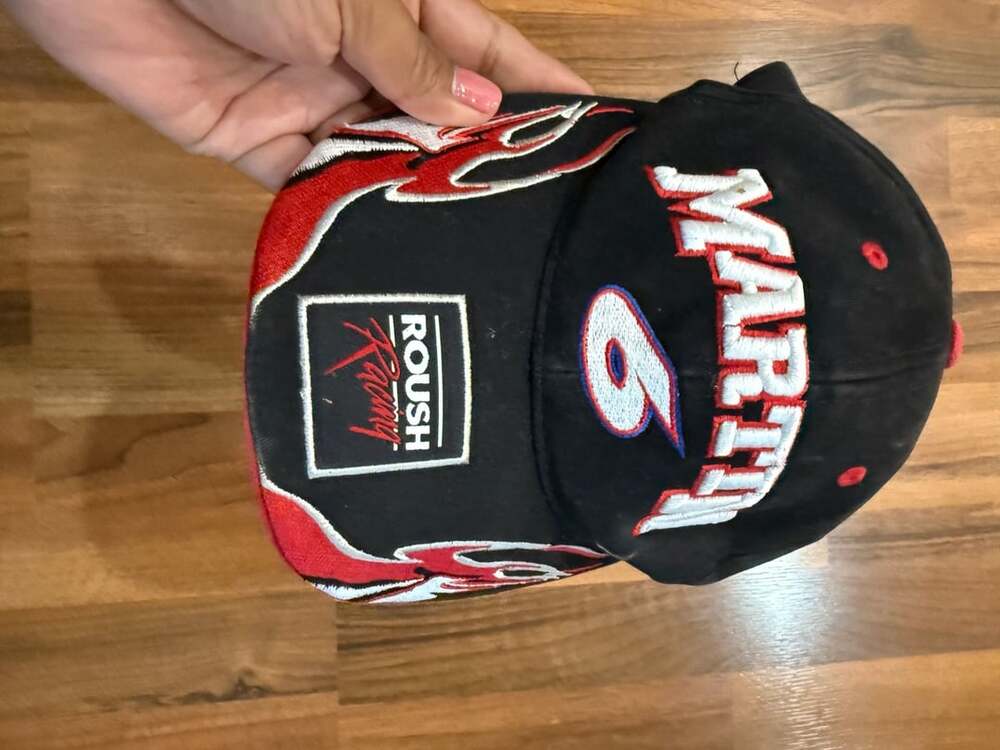 Vintage Mark Martin 6 Roush Racing NASCAR Snapback Hat Black Red Flame